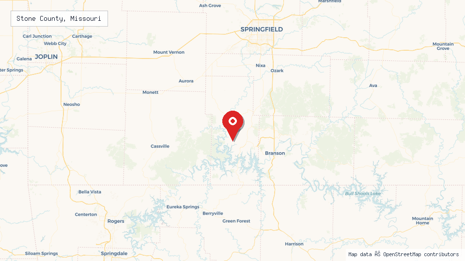 Street map of Stone County, Missouri with location pin