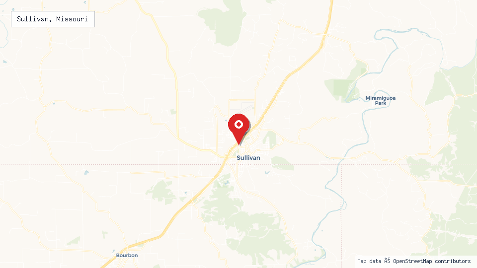 Street map of Sullivan, Missouri with location pin