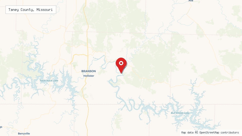 Street map of Taney County, Missouri with location pin