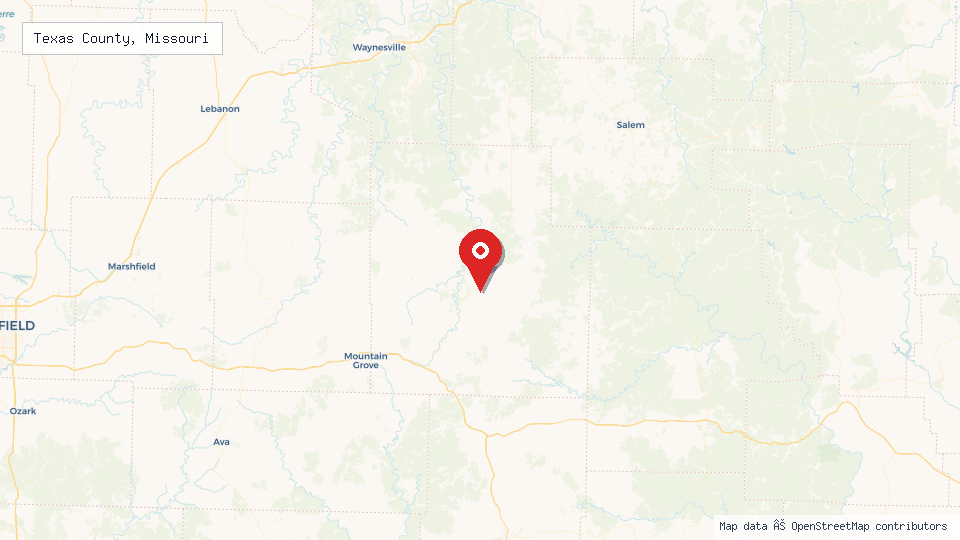Street map of Texas County, Missouri with location pin