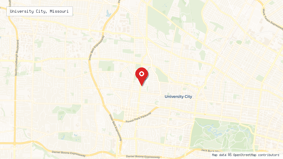 Street map of University City, Missouri with location pin