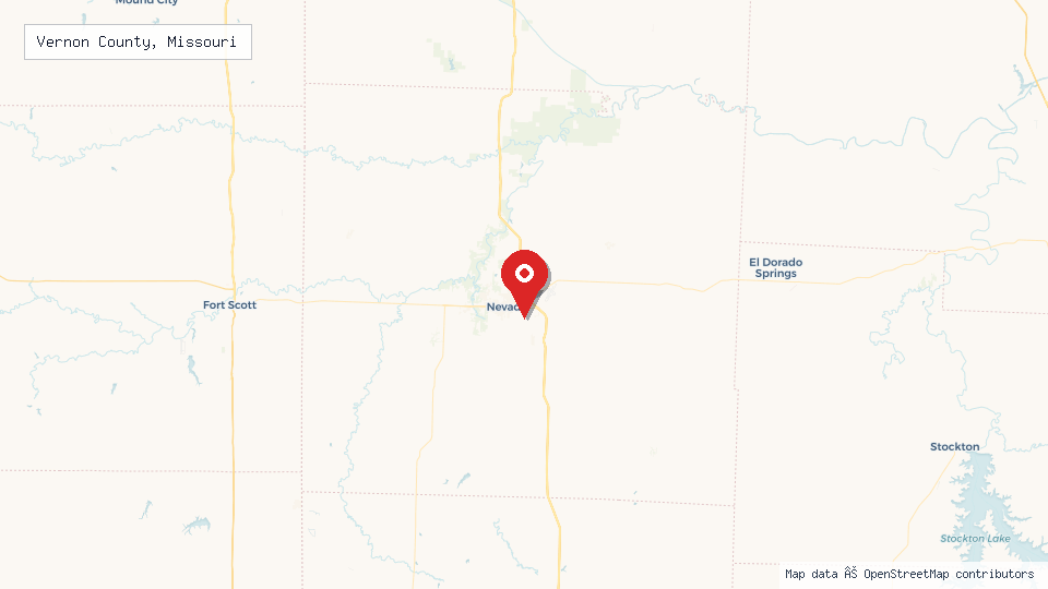 Street map of Vernon County, Missouri with location pin