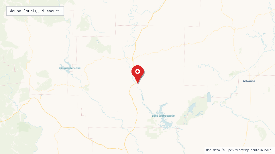 Street map of Wayne County, Missouri with location pin