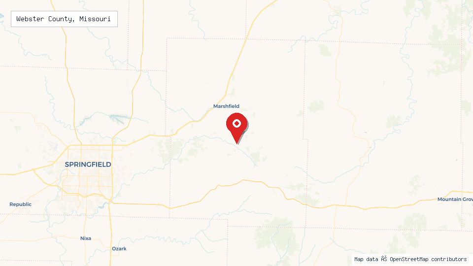 Street map of Webster County, Missouri with location pin