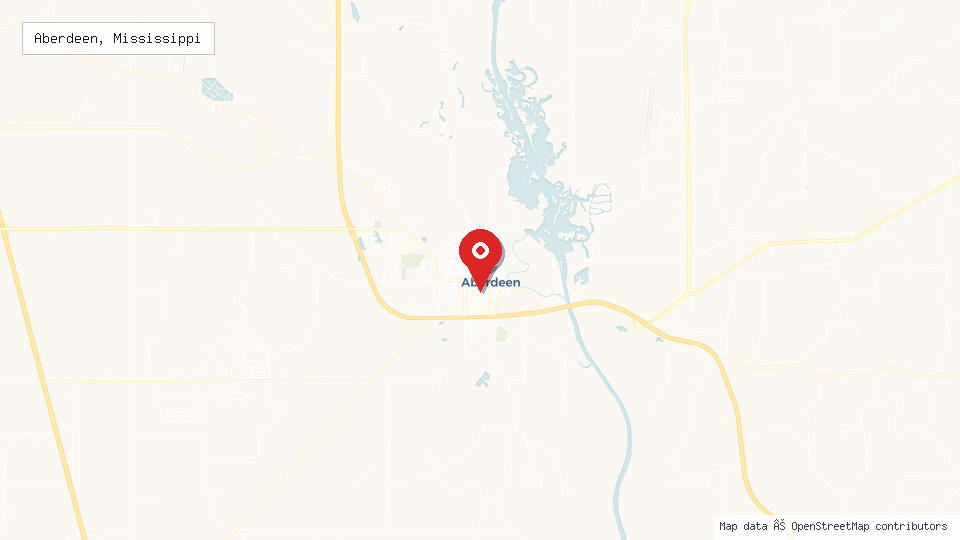 Street map of Aberdeen, Mississippi with location pin