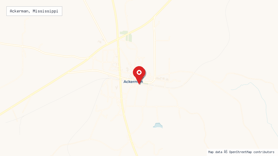 Street map of Ackerman, Mississippi with location pin