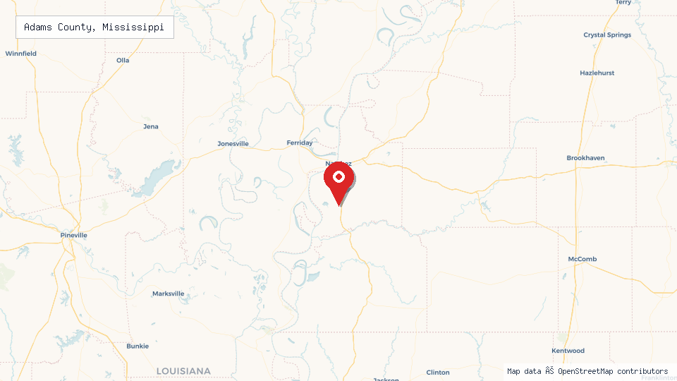 Street map of Adams County, Mississippi with location pin