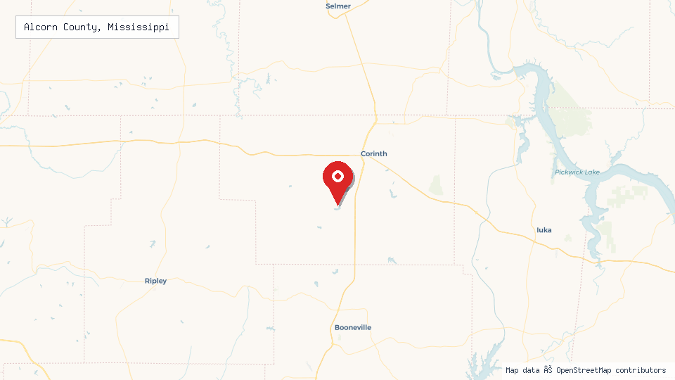 Street map of Alcorn County, Mississippi with location pin