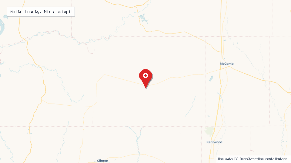 Street map of Amite County, Mississippi with location pin