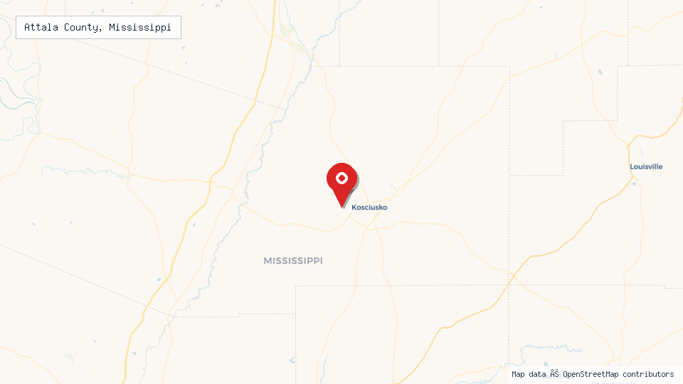 Street map of Attala County, Mississippi with location pin