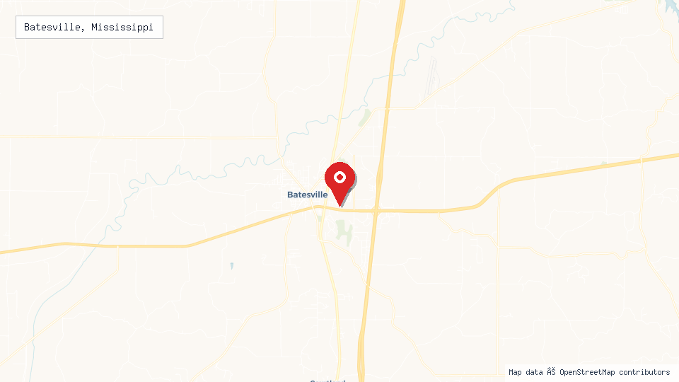 Street map of Batesville, Mississippi with location pin