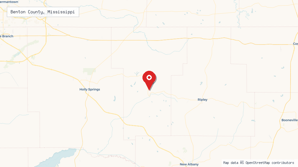 Street map of Benton County, Mississippi with location pin