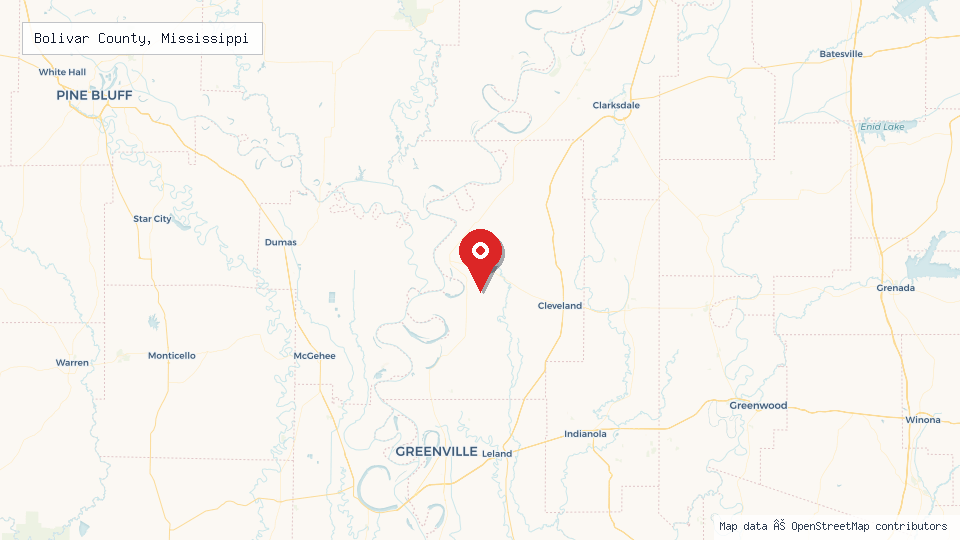 Street map of Bolivar County, Mississippi with location pin