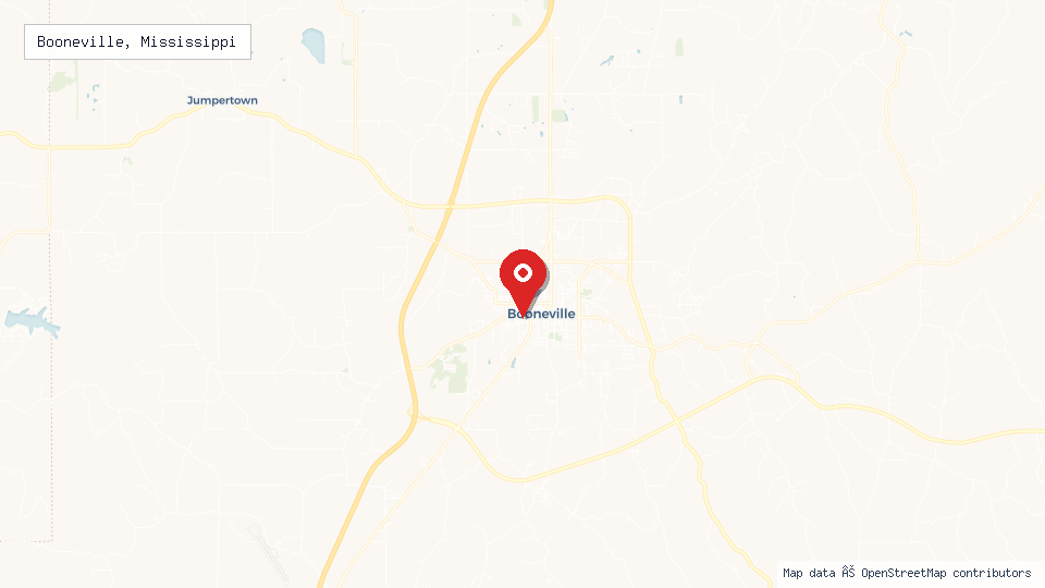 Street map of Booneville, Mississippi with location pin