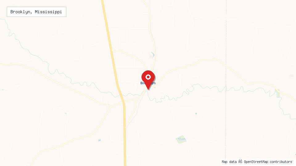 Street map of Brooklyn, Mississippi with location pin