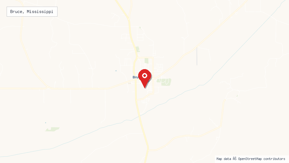 Street map of Bruce, Mississippi with location pin