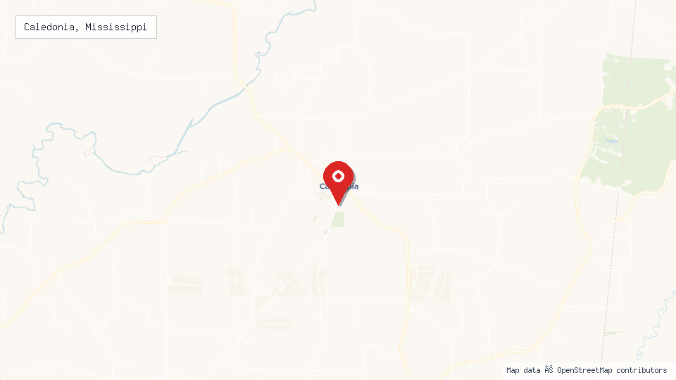 Street map of Caledonia, Mississippi with location pin