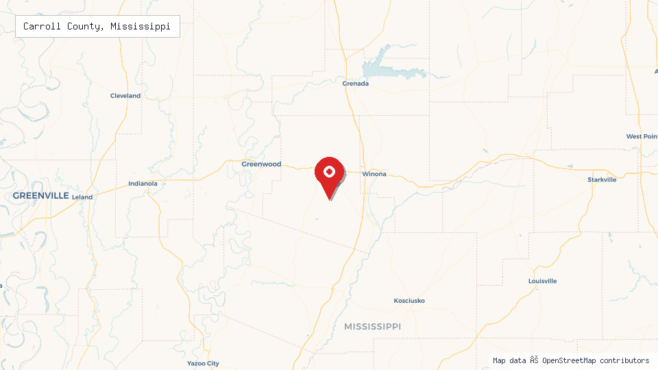 Street map of Carroll County, Mississippi with location pin