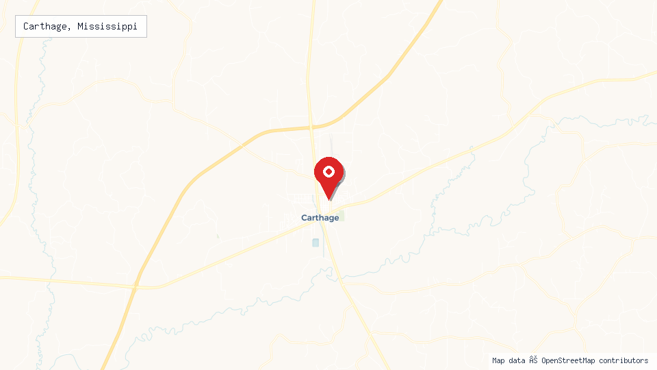Street map of Carthage, Mississippi with location pin