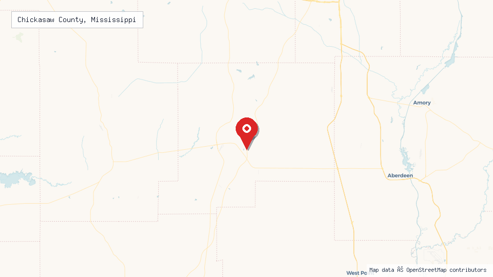 Street map of Chickasaw County, Mississippi with location pin