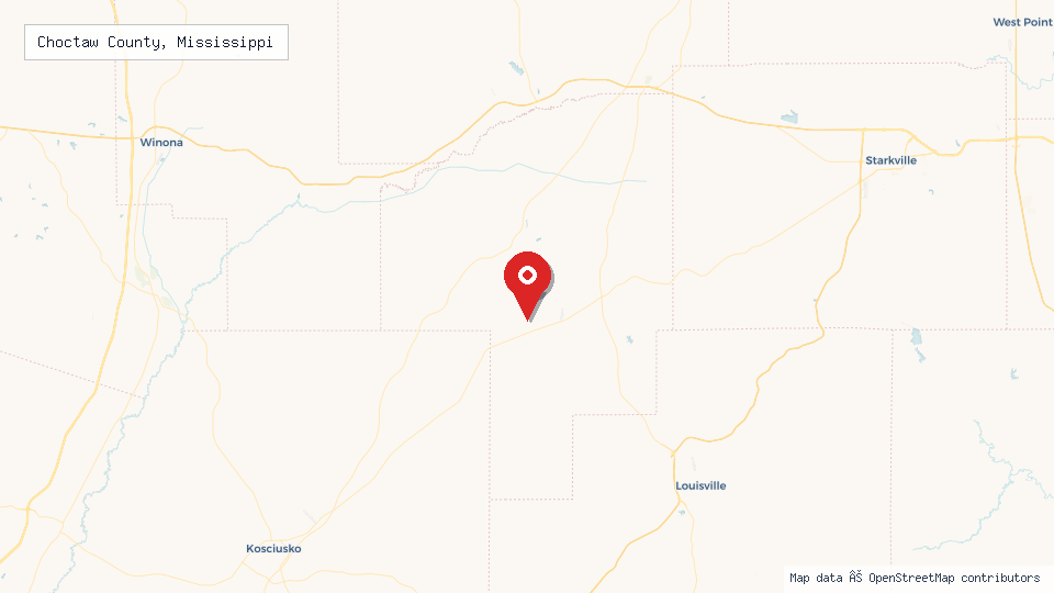 Street map of Choctaw County, Mississippi with location pin