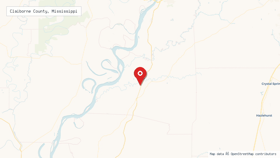 Street map of Claiborne County, Mississippi with location pin