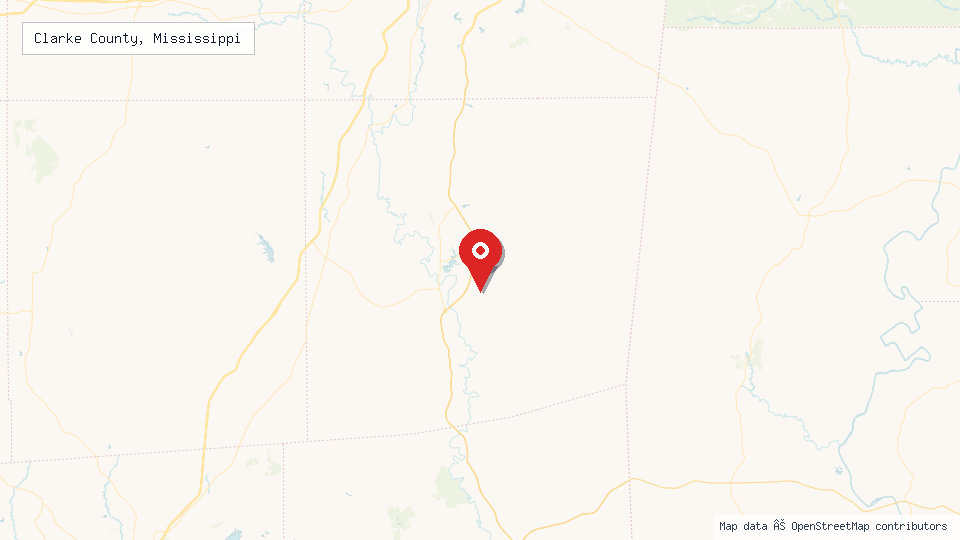 Street map of Clarke County, Mississippi with location pin