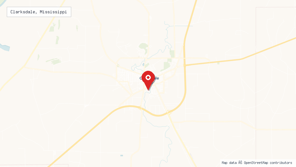 Street map of Clarksdale, Mississippi with location pin