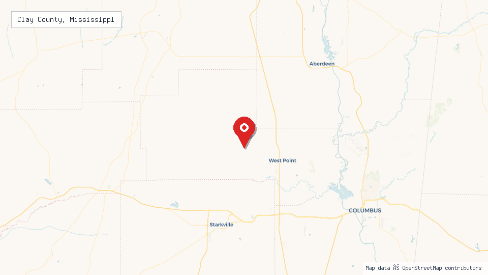 Street map of Clay County, Mississippi with location pin