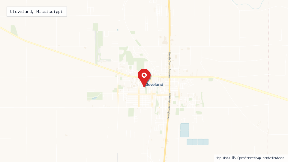 Street map of Cleveland, Mississippi with location pin
