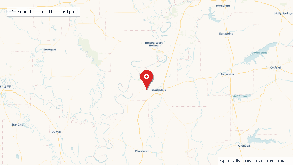 Street map of Coahoma County, Mississippi with location pin