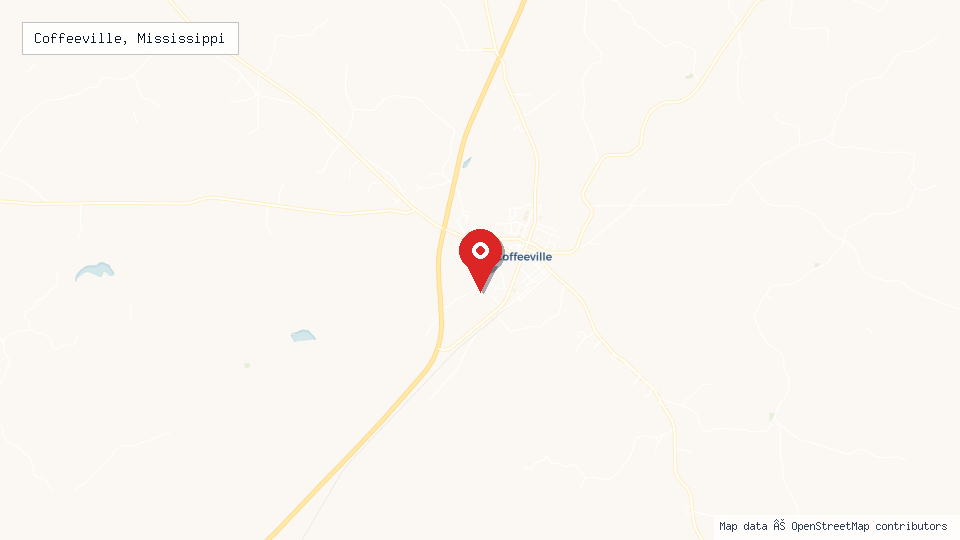 Street map of Coffeeville, Mississippi with location pin