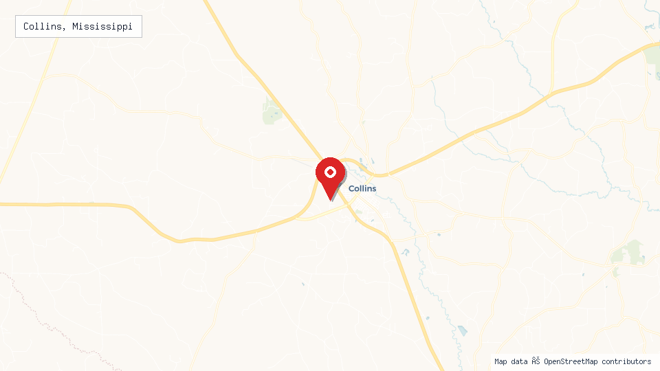 Street map of Collins, Mississippi with location pin