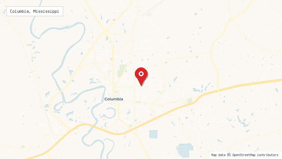 Street map of Columbia, Mississippi with location pin