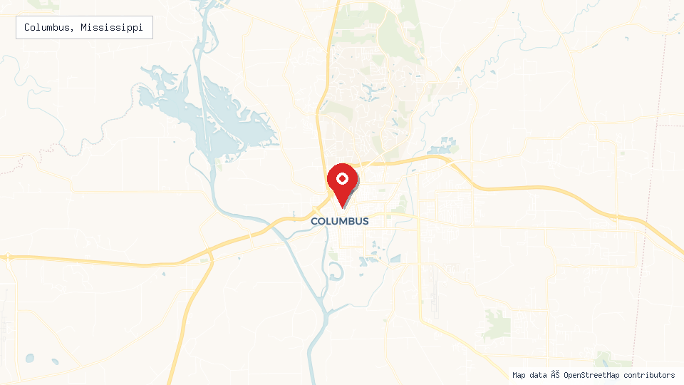 Street map of Columbus, Mississippi with location pin