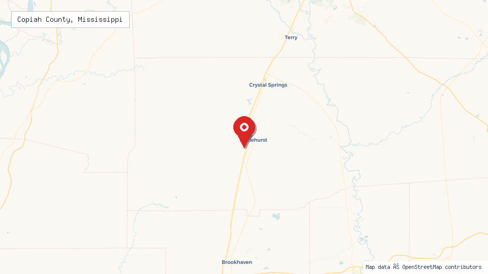 Street map of Copiah County, Mississippi with location pin