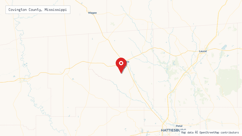 Street map of Covington County, Mississippi with location pin
