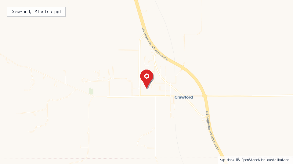 Street map of Crawford, Mississippi with location pin