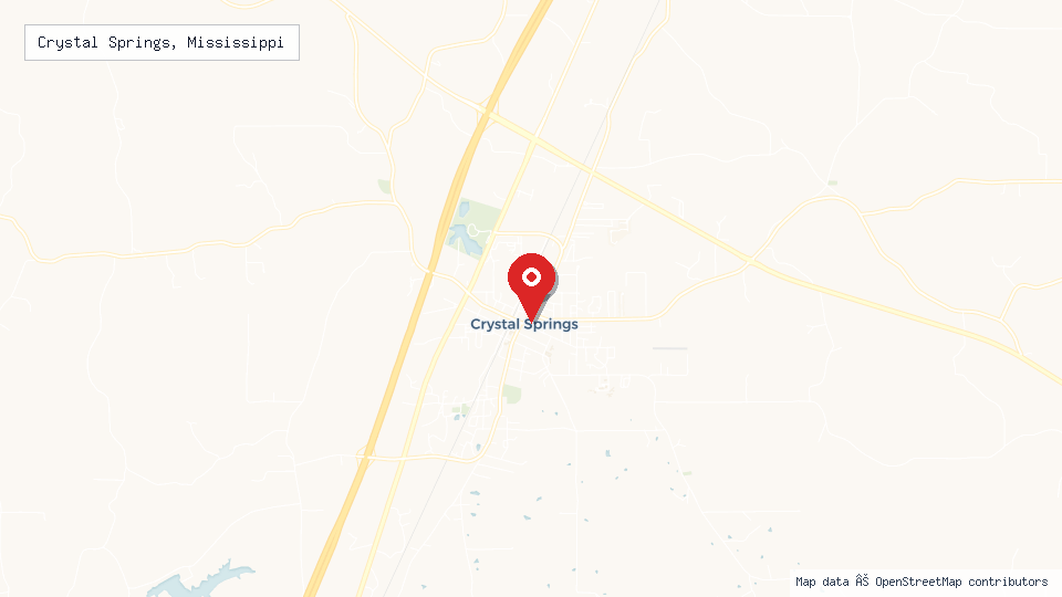 Street map of Crystal Springs, Mississippi with location pin