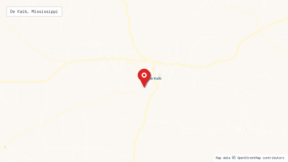 Street map of De Kalb, Mississippi with location pin
