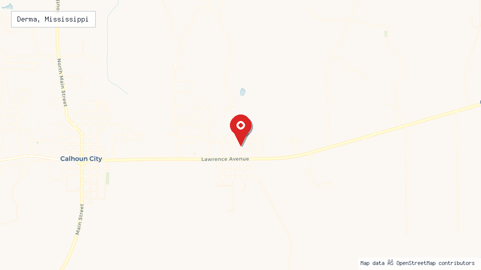 Street map of Derma, Mississippi with location pin
