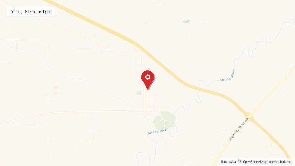 Street map of D'Lo, Mississippi with location pin