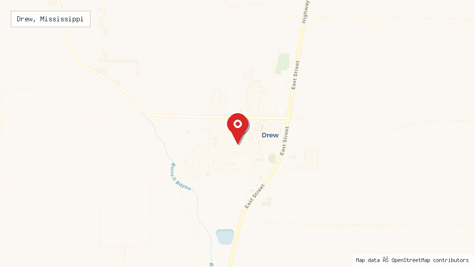 Street map of Drew, Mississippi with location pin