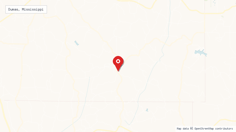 Street map of Dumas, Mississippi with location pin