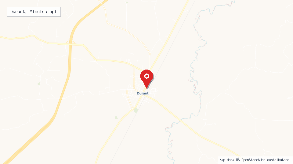 Street map of Durant, Mississippi with location pin