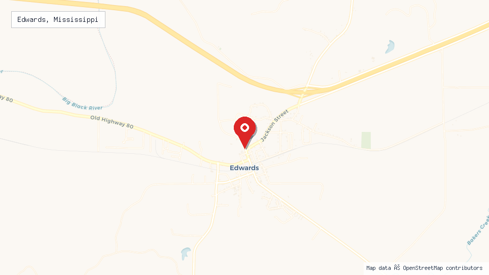 Street map of Edwards, Mississippi with location pin