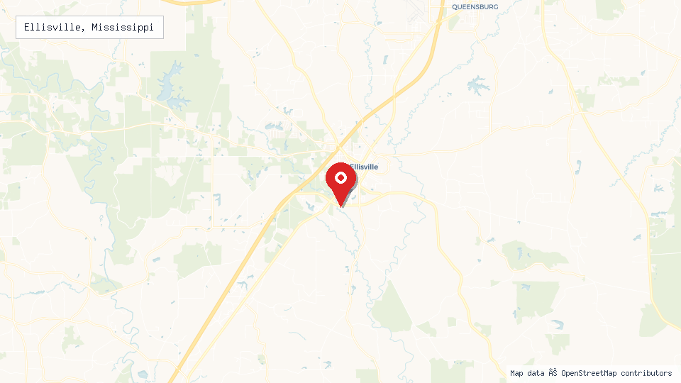 Street map of Ellisville, Mississippi with location pin
