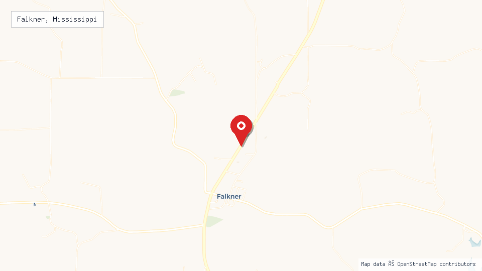 Street map of Falkner, Mississippi with location pin