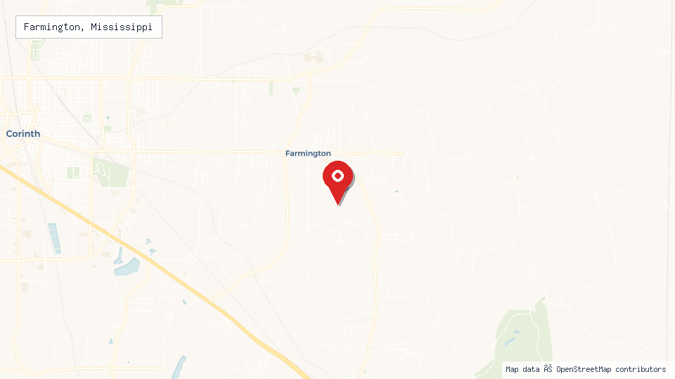 Street map of Farmington, Mississippi with location pin