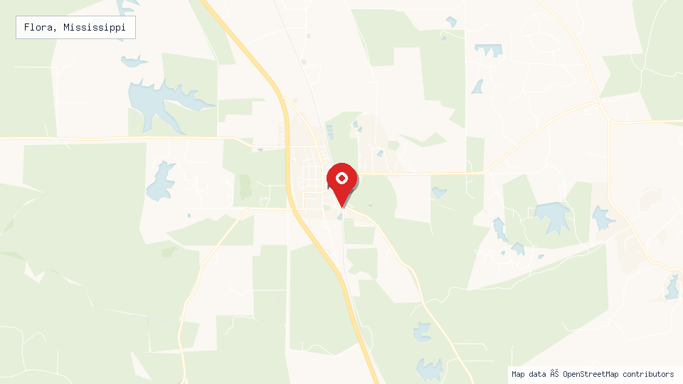 Street map of Flora, Mississippi with location pin